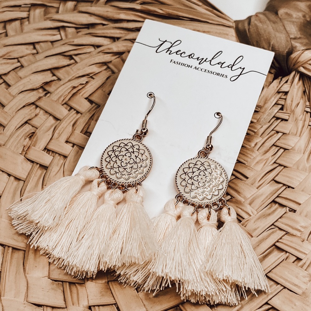 Neutral Boho Hippie Tassel Pendant Drop Geo Jewelry Western Earrings Cowgirl NEW